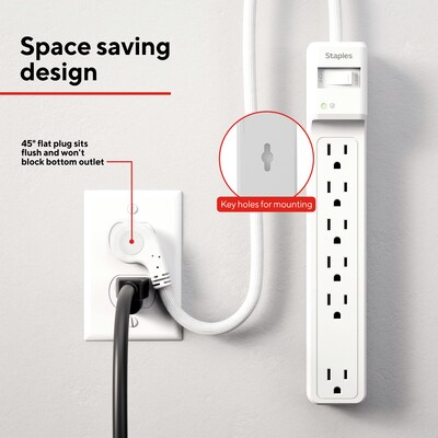 Staples TECH 6-Outlet Surge Protector, 6', 1800 Joules, White (ST62780)