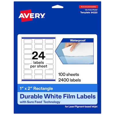 Avery Rectangle Laser/Inkjet Multipurpose Labels, 1 x 2, White, 2400 Labels/Box (94220)