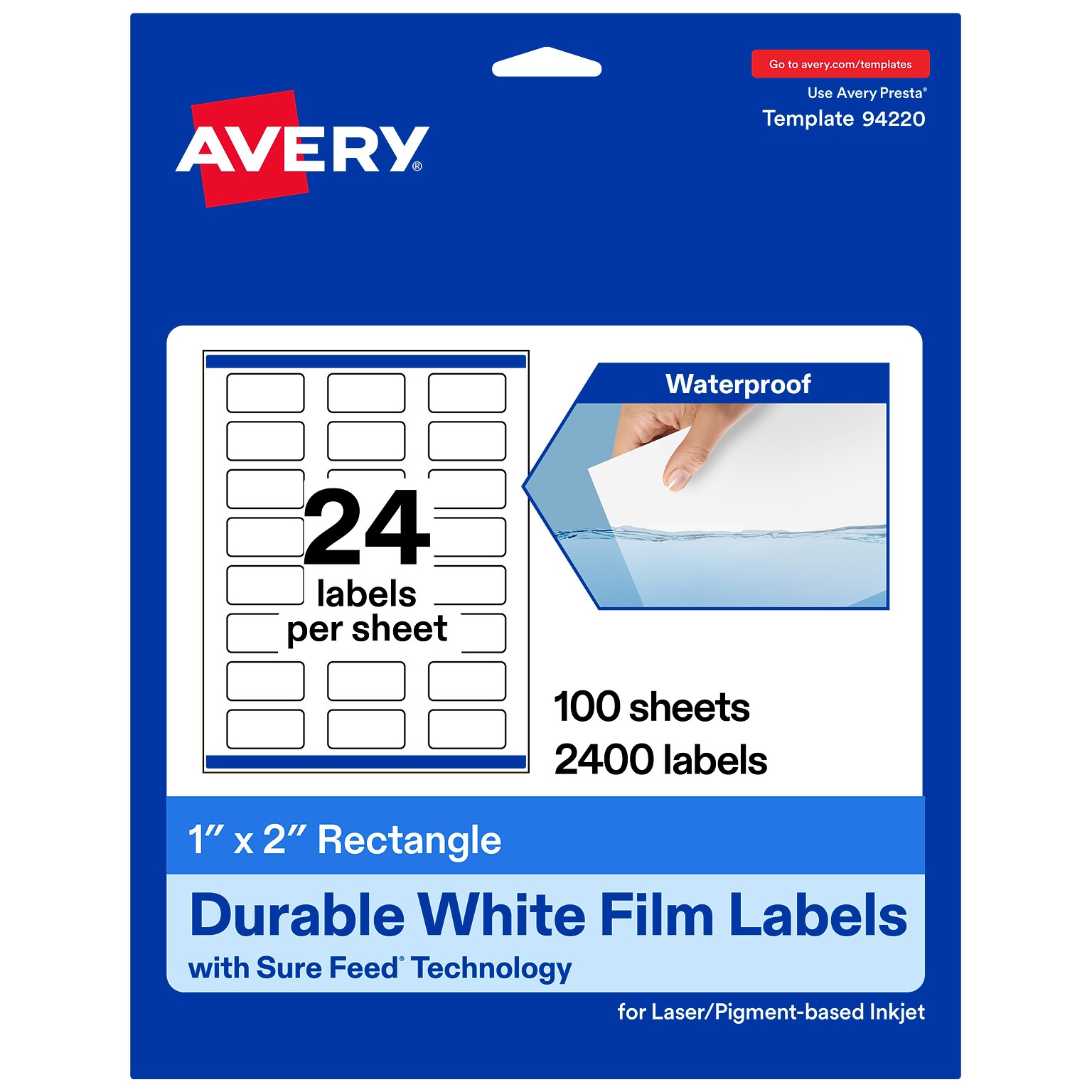 Avery Rectangle Laser/Inkjet Multipurpose Labels, 1 x 2, White, 2400 Labels/Box (94220)