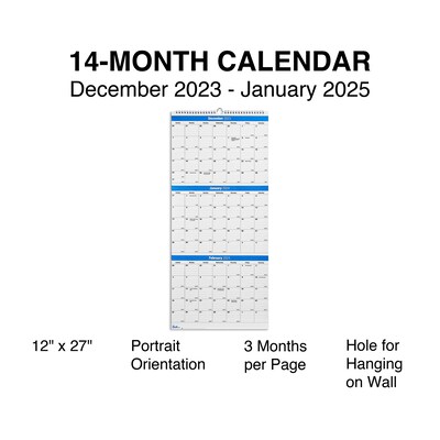 2024 Quill Brand® 27 x 12 Vertical Wall Calendar, Blue (5216624QCC)