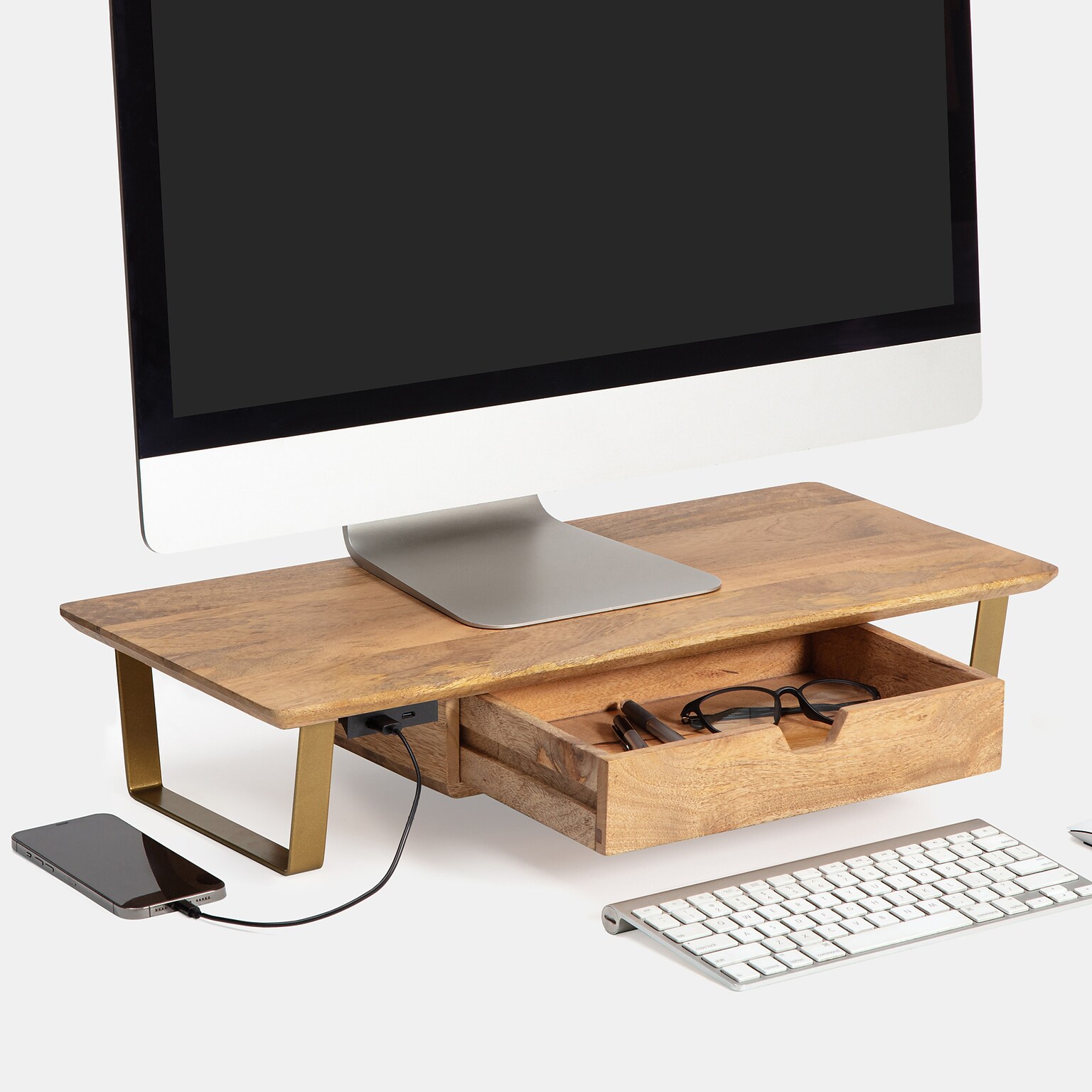 Anji Mountain Mango Wood & Metal Monitor Stand with Two USB Ports and Drawer, Up to 32 Monitor, Natural (MS-MNG-06GLD-PD)