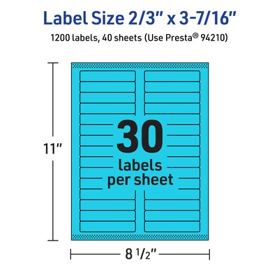 Avery Printable Rectangle Multipurpose Labels, 2/3" x 3-7/16", Bright Blue, 1200/Pack (94210)
