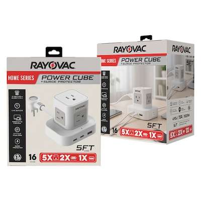 RAYOVAC 5-Outlet 3-USB Port Power Cube Surge Protector with Flat Plug, 5-ft., 540 Joules, White (SS-P927)