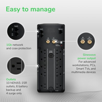 APC Series 1000VA Battery Backup 10-Outlet UPS, Black (BR1000MS)