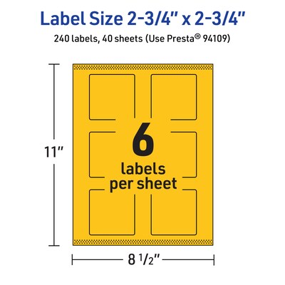 Avery Laser/Inkjet Square Multipurpose Labels, 2.75" x 2.75", Bright Yellow, 240/Pack (94109)