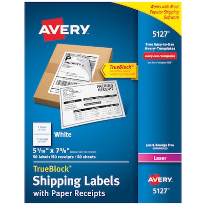 Avery TrueBlock Laser Shipping Labels with Receipts, 5-1/16 x 7-5/8, White, 1 Label/Sheet, 50 Shee