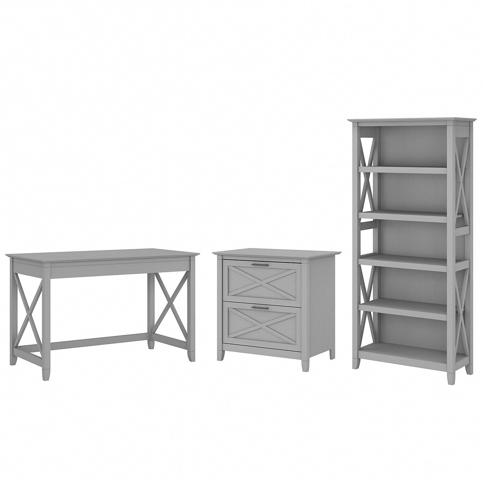 Bush Furniture Key West 48 Writing Desk with File Cabinet and 5-Shelf Bookcase, Cape Cod Gray (KWS004CG)