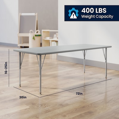 Flash Furniture Wren Rectangular Activity Table, 72" x 30", Height Adjustable, Gray Top/Silver Frame (XUA3072RECGTP)