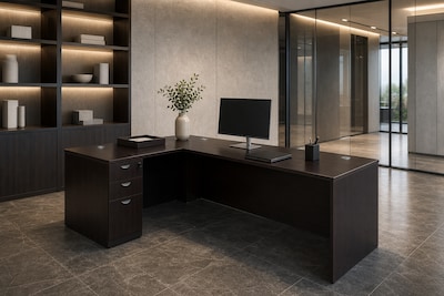 Boss Office Products 71" L-Shaped Desk with File Pedestal, Mocha (GROUPA10-MOC)