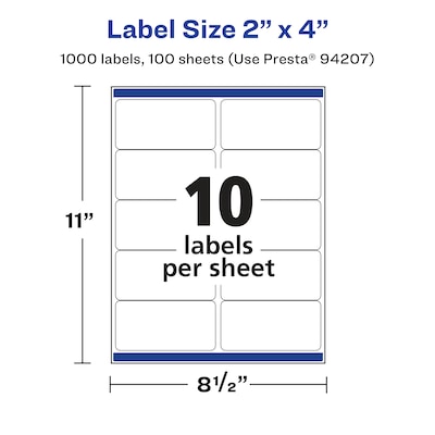 Avery Laser/Inkjet Multipurpose Labels, 2" x 4", White, 10 Labels/Sheet, 100 Sheets/Pack  (94207)