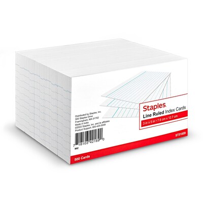 Staples Index Cards, 3 x 5, Lined, White, 500 Pack – Ruled Cards for Studying, Notes & Classroom Use