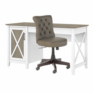 Bush Furniture Key West 54W Computer Desk with Storage and Mid-Back Tufted Office Chair, Shiplap Gr