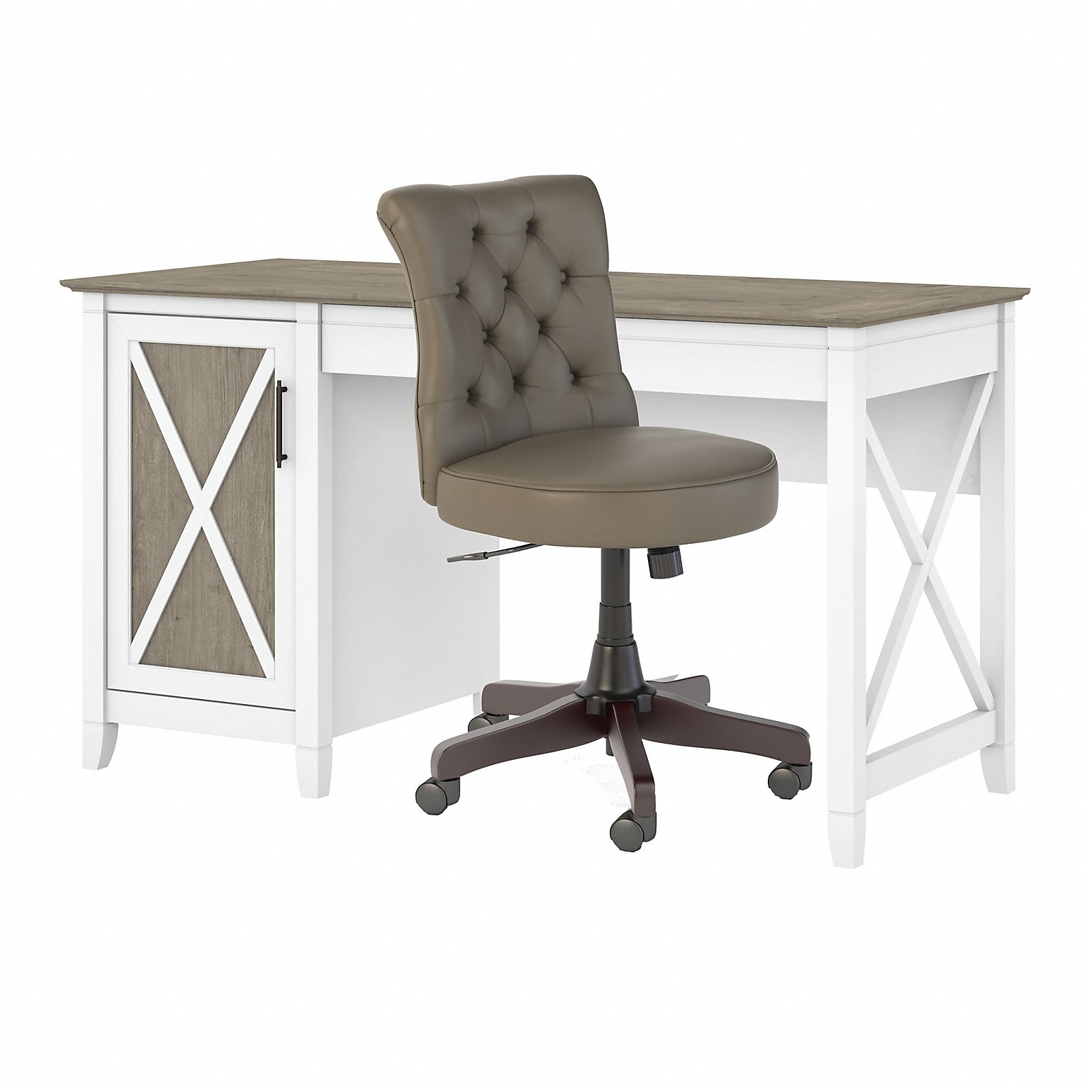Bush Furniture Key West 54W Computer Desk with Storage and Mid-Back Tufted Office Chair, Shiplap Gray/Pure White (KWS020G2W)