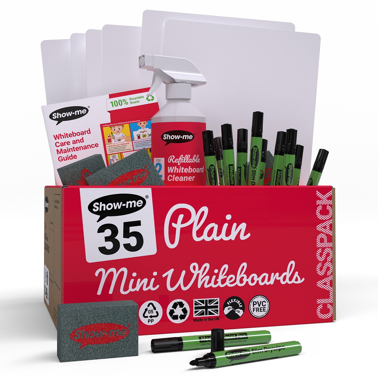 Show-me Plain/Plain Whiteboards, with Pens, Erasers & Cleaner, 8 x 12, 35/Set (EPTCSMBX)