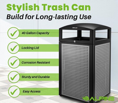 Alpine Industries Steel Outdoor Trash Can with Dome Lid, 40 Gallon, Silver (471-40-SIL)