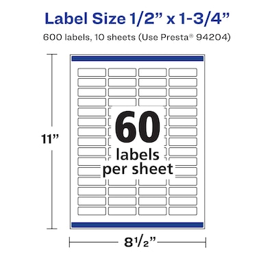 Avery Laser/Inkjet Rectangle Multipurpose Labels, 0.5" x 1.75", White, 600 Labels/Pack (94204)