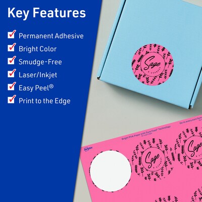 Avery Laser/Inkjet Round Multipurpose Labels, 2.75" Dia., Bright Pink, 60/Pack (94512)