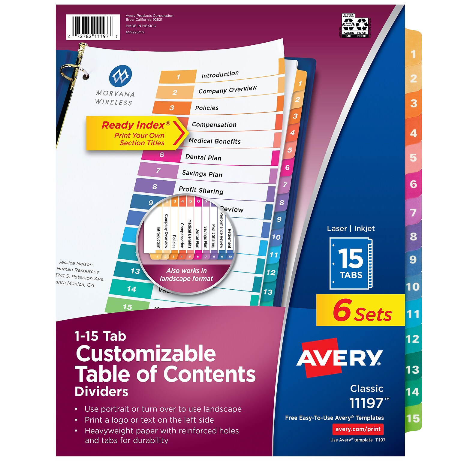 Avery Ready Index Table of Contents Paper Dividers, 1-15 Tabs, Multicolor, 6 Sets/Pack (11197)