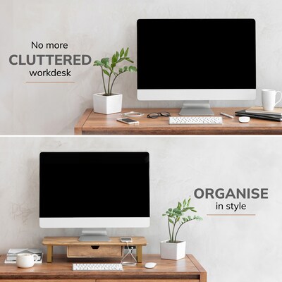 Anji Mountain Mango Wood & Metal Monitor Stand with Two USB Ports and Drawer, Up to 32 Monitor, Natural (MS-MNG-06GLD-PD)