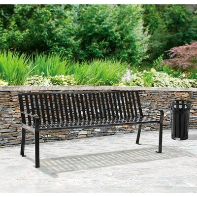 Global Industrial 6' Outdoor Bench w/ Back, Vertical Steel Slat, Black (694854BKKD)