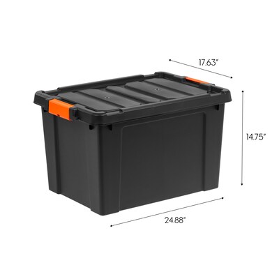 Iris 78 Quart Heavy-Duty Stackable Storage Tote, Black/Orange, 4/Pack (500154)
