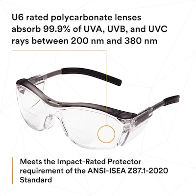 3M Nuvo Anti-Fog +2.5 Safety Glasses, Wraparound Frame, Clear Lens, 20/Carton (11436-00000-20)