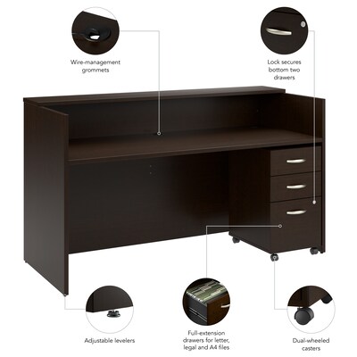 Bush Business Furniture Arrive 72"W Reception Desk with Shelf and Mobile File Cabinet, Mocha Cherry (ARV005MR)