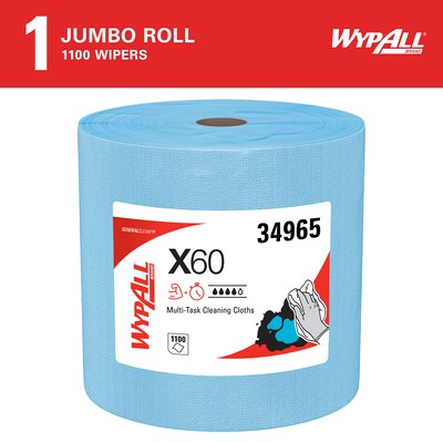 WypAll GeneralClean X60 Jumbo Fabric Cleaning Wipers, 13.4 x 12.5, Blue, 1100 Sheets/Roll, 1100 Wi