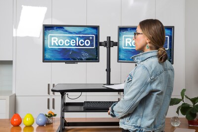 Rocelco 37.5 Height Adjustable Standing Desk Converter with Dual Monitor Mount, Sit Stand Up Riser,