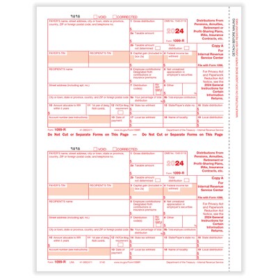 ComplyRight 2024 1099-R Tax Form, 1-Part, 2-Up, Federal Copy A, 50/Pack (514050)