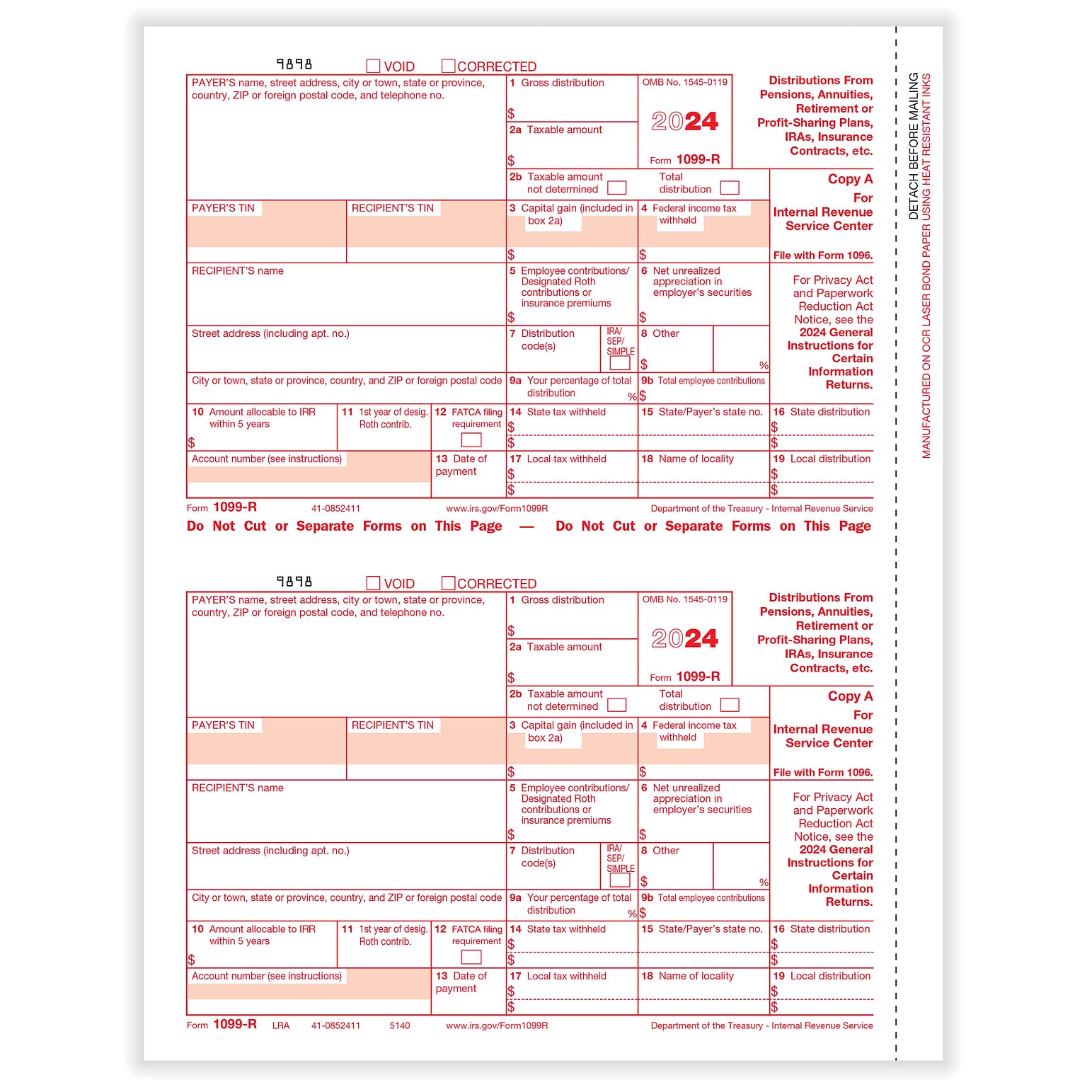 ComplyRight 2024 1099-R Tax Form, 1-Part, 2-Up, Federal Copy A, 50/Pack (514050)