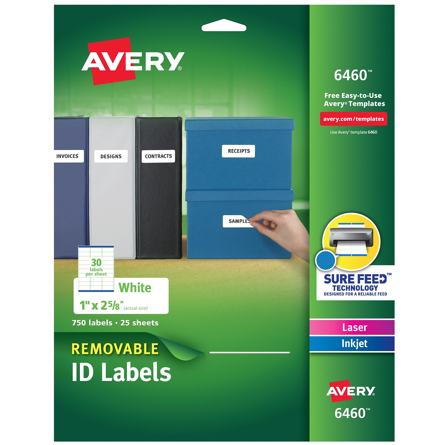 Avery Sure Feed Laser/Inkjet ID Labels, 1 x 2-5/8, White, 750 Labels/Pack (6460)