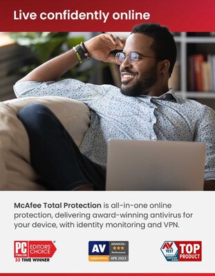 McAfee Total Protection for 1 User, Windows/Mac/Android/iOS/ChromeOS, Product Key Card (MTP21EST1RAAM)