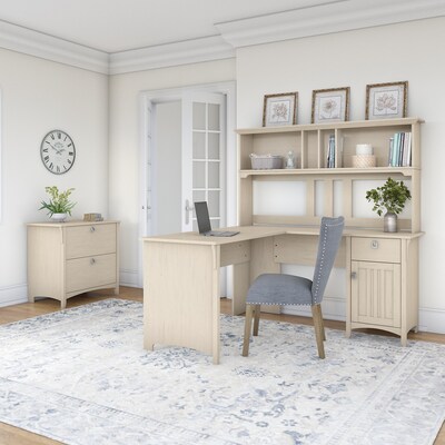 Bush Furniture Salinas 60W L Shaped Desk with Hutch and Lateral File Cabinet, Antique White (SAL005AW)