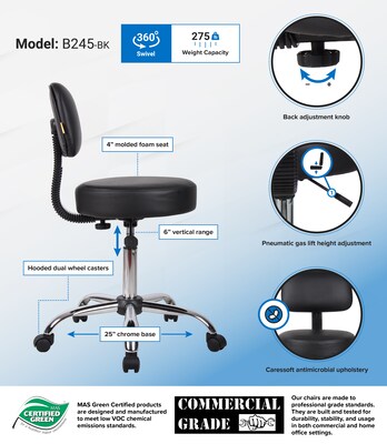 Boss Be Well Armless Medical Spa Professional Drafting Stool, Black (B245-BK)