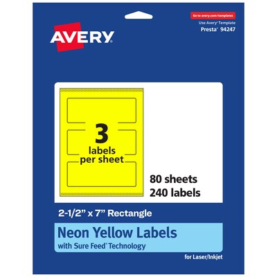 Avery Rectangle Laser/Inkjet Multipurpose Labels, 2.5 x 7, Neon Yellow (240/Box)