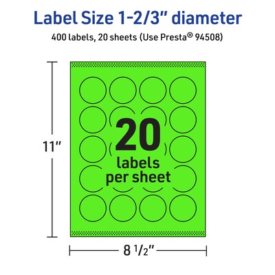 Avery Circle Multipurpose Labels, 1-2/3" Dia., Neon Green, 400/Pack (94508)