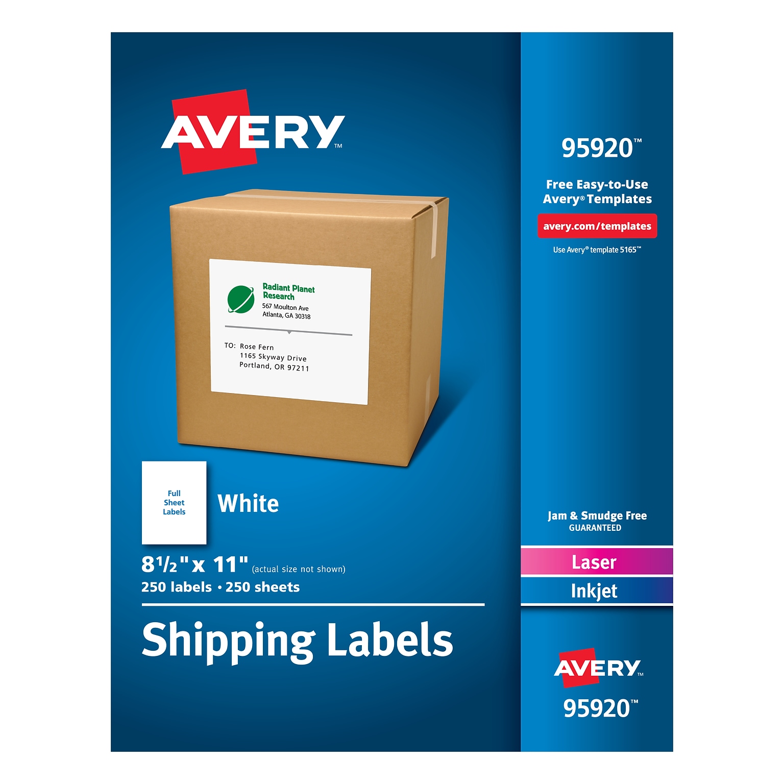 Avery Laser/Inkjet Shipping Labels, 8-1/2 x 11, White, 1 Labels/Sheet, 250 Sheets/Box, 250 Labels/Box (95920)