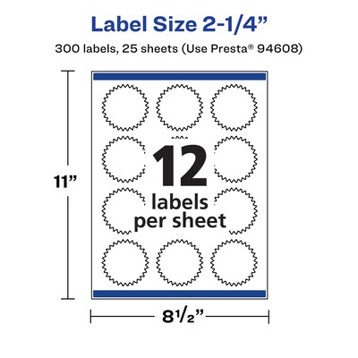 Avery Laser/Inkjet Starburst Multipurpose Labels, 2.25"  Dia, Matte White, 300/Pack (94608)