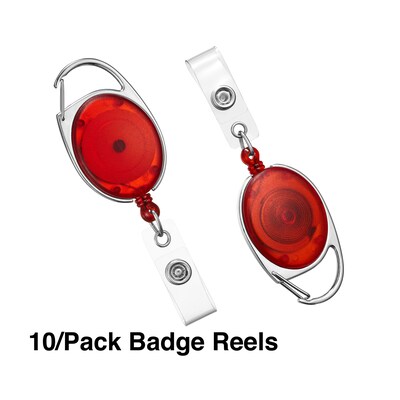 Staples Carabiner Name Badge Reels, 30" Retractable Cord Length, Metal, Red, 10/Pack (51914)
