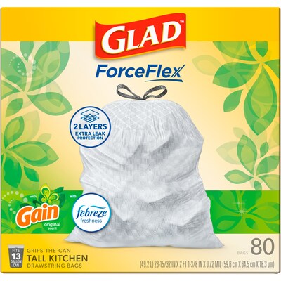 Glad ForceFlex Tall 13 Gallon Drawstring Kitchen Trash Bag, Gain Original with Febreze Freshness, White, 80 Total Bags (78750)