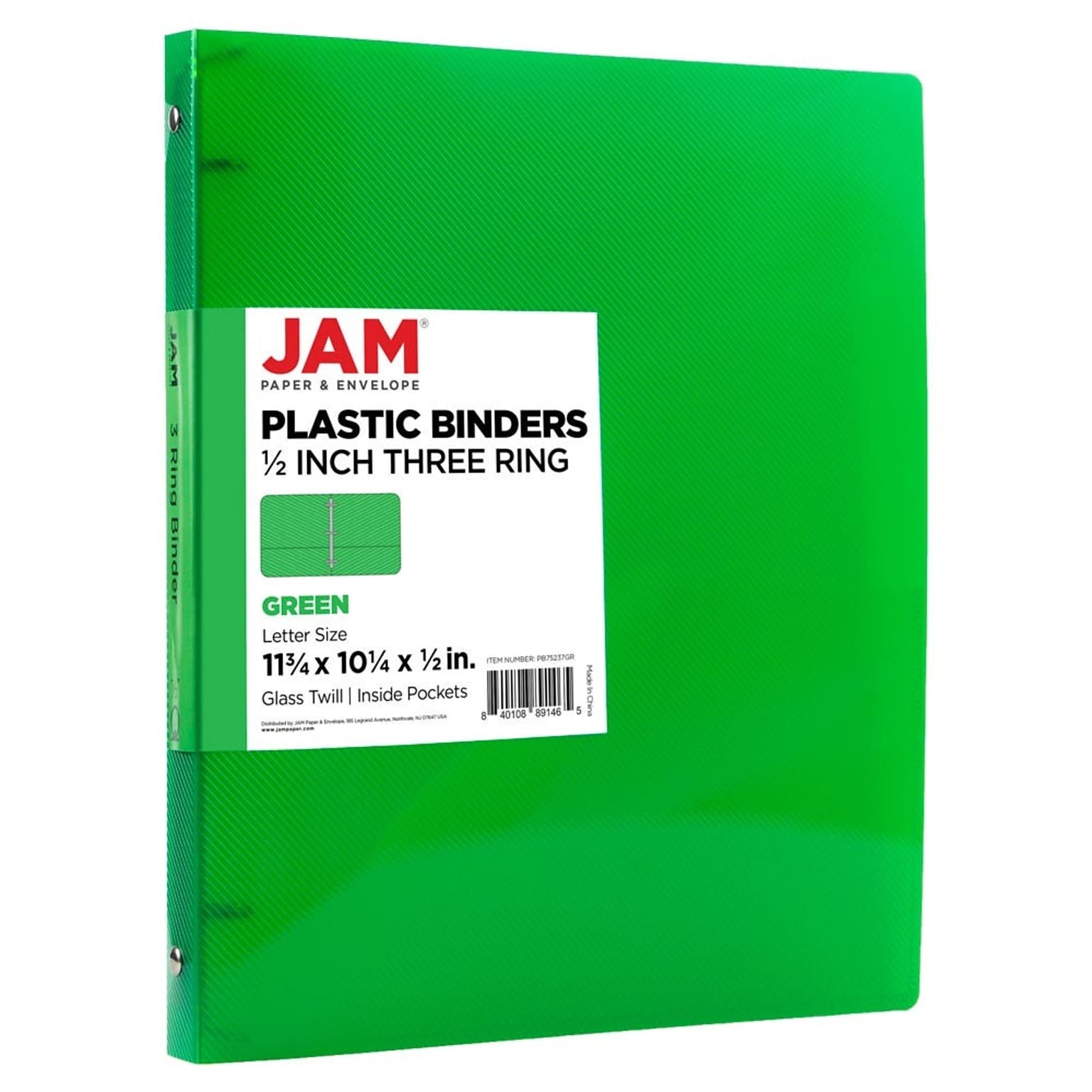 JAM Paper 1/2 3-Ring Flexible Poly Binder, Green (PB75237GR)