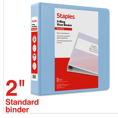 Staples Heavy Duty 2 3-Ring View Binder, D-Ring, Light Blue (ST63094)