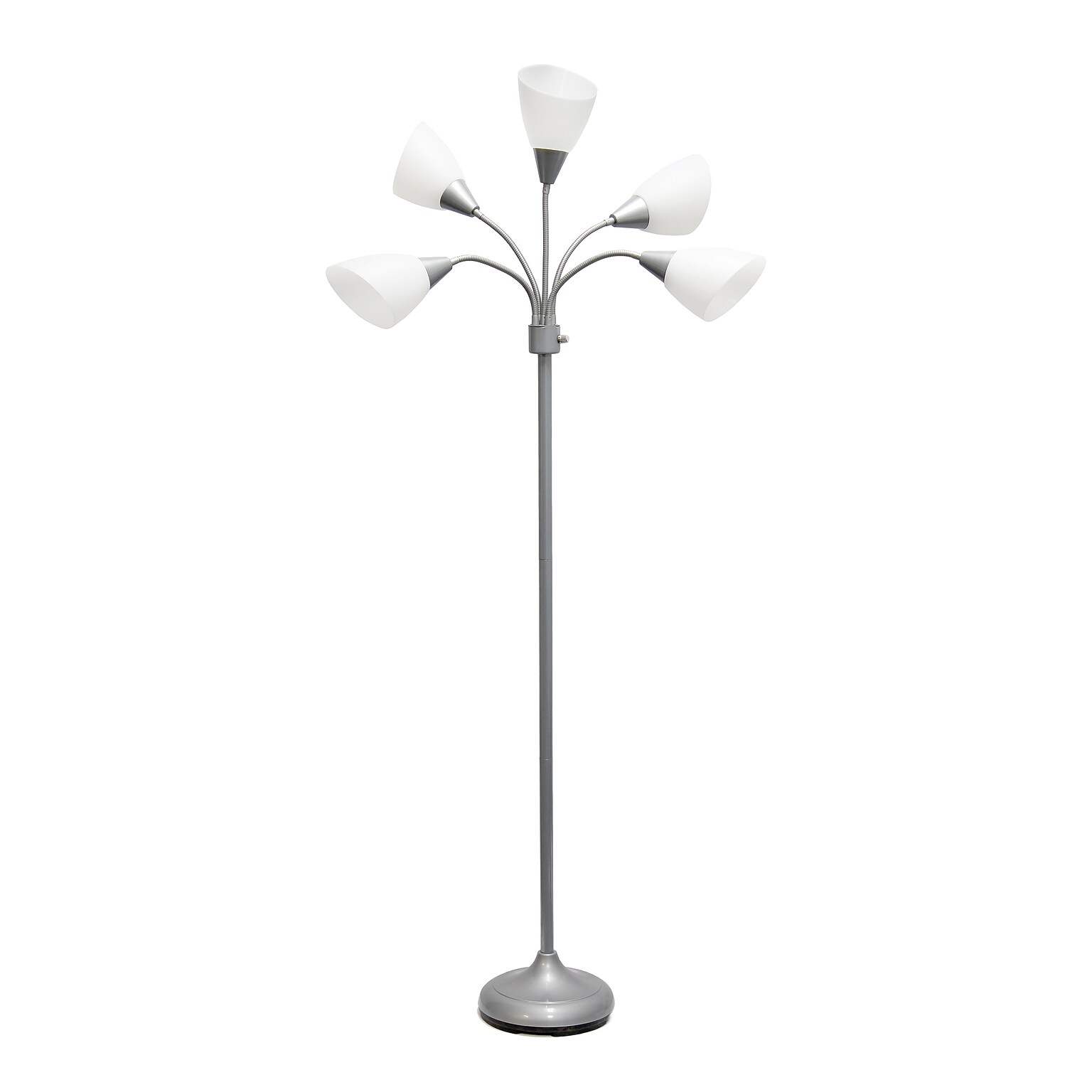 Simple Designs 67 Silver Metal Medusa Floor Lamp with 5 Adjustable White Cone Shades (LF2006-SVW)