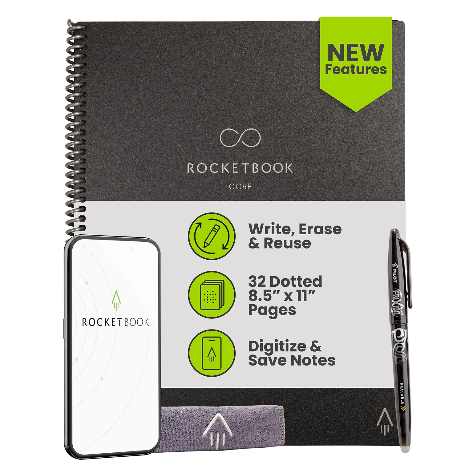Rocketbook Core Smart Notebook, 8.5 x 11, Dot-Grid Ruled, 32 Pages, Black (EVR-L-RC-A-FR)