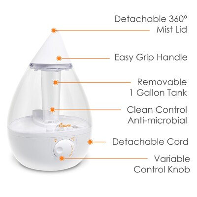 Crane Ultrasonic Cool Mist Tabletop Humidifier, 1-Gallon, For Rooms 500 sq. ft., Clear/White (EE-5301CW)