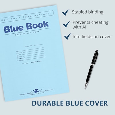 Roaring Spring Paper Products Exam Notebooks, 8.5" x 11", Wide Ruled, 8 Sheets, Blue, 500/Case (77517CS)