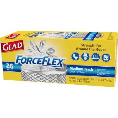 Glad Medium Quick-Tie Trash Bags, ForceFlex 8 Gallon White Trash Bag, Unscented, 26/Box (70403)