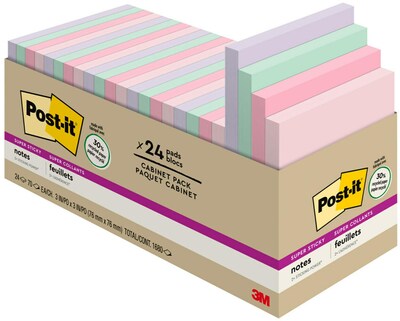 Post-it Recycled Super Sticky Notes, 3" x 3", Wanderlust Pastels Collection, 70 Sheets/Pad, 24 Pads/Pack (654-24NH-CP)