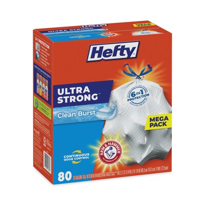 Hefty® Ultra Strong Scented Tall White Kitchen Bags, 13 gal, 0.9 mil, 23.75" x 24.88", White, 80/Box